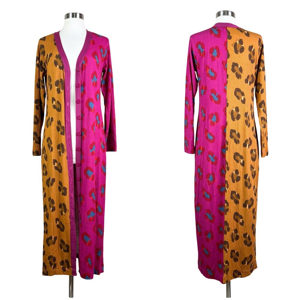 FARM Rio | Cheetah Leopard Print Contrast Pink Ribbed Duster Cardigan Sweater L